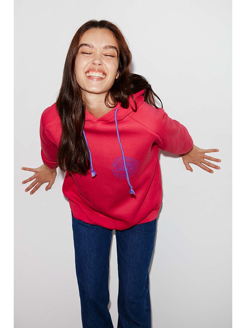 Polınıa Kadın İçi Polarlı Göğsü Baskılı Regular Fit Kontrast Kordonlu Kapüşonlu Pembe Sweatshirt-1