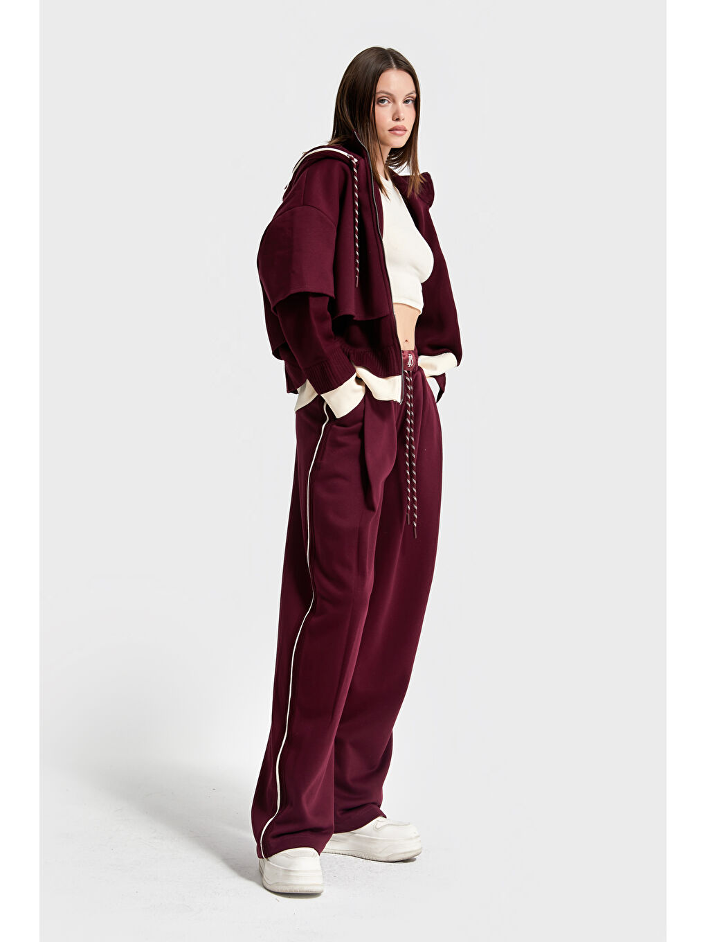 Kadın Bordo Renk w5-35 Örme Kumaş Polar ve Eşofman Alt Üst 2'li Tasarım Takım-2