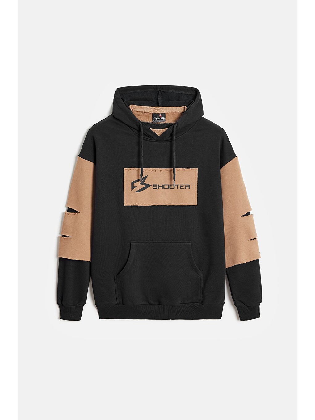Siyah - Bej Erkek Oversize Kapüşonlu Baskılı Kanguru Cepli Sweatshirt