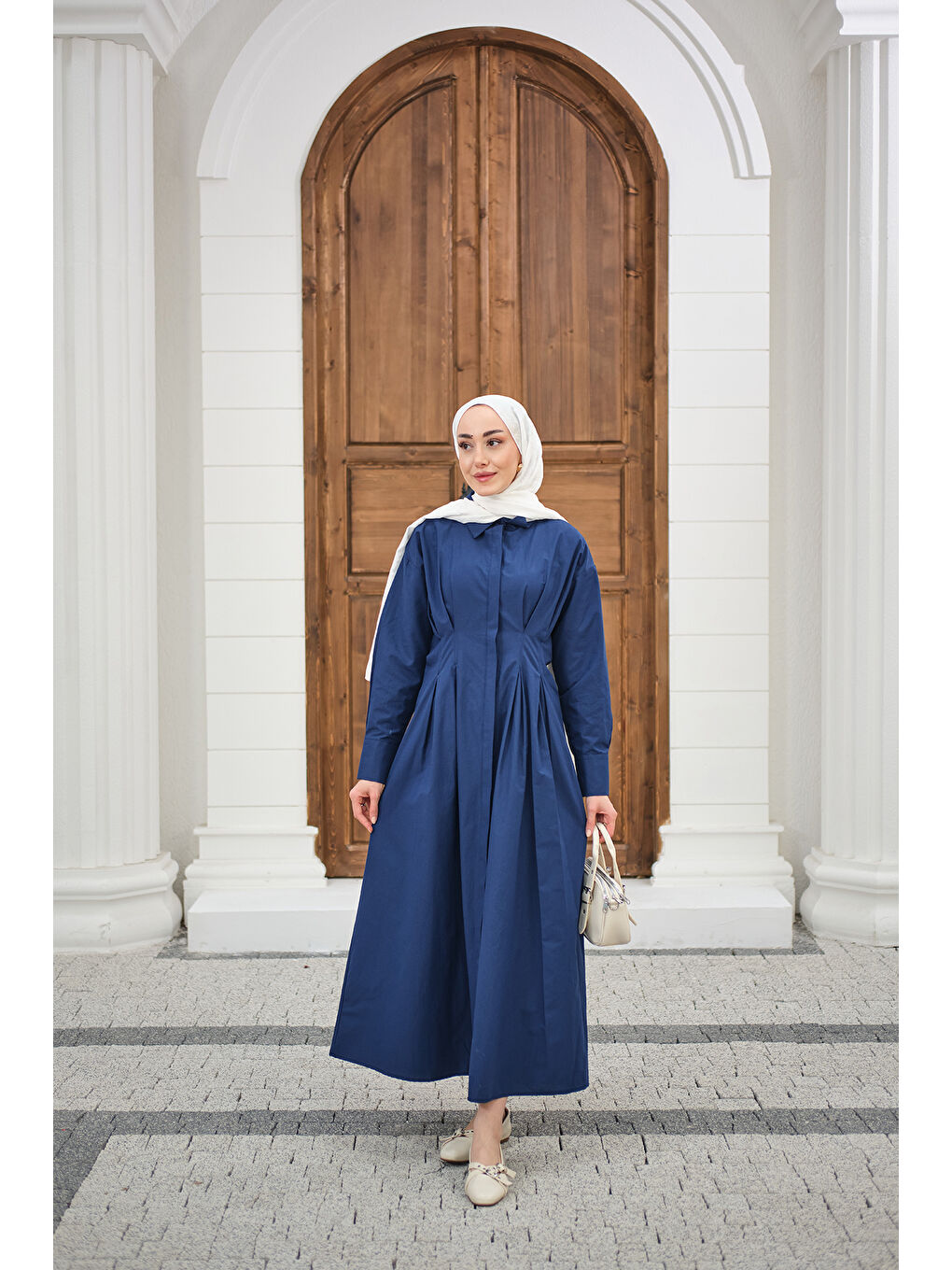 Kadın Beli Pileli Gömlek Yaka Gizli Düğmeli Elbise Lacivert