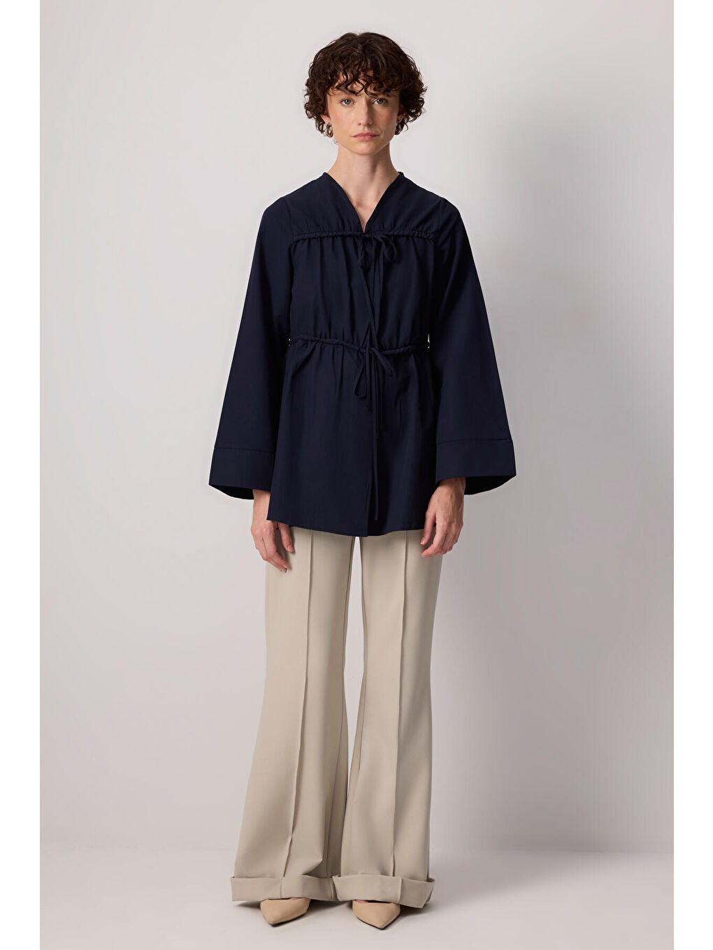 Lacivert Önü Büzgülü Poplin Kimono