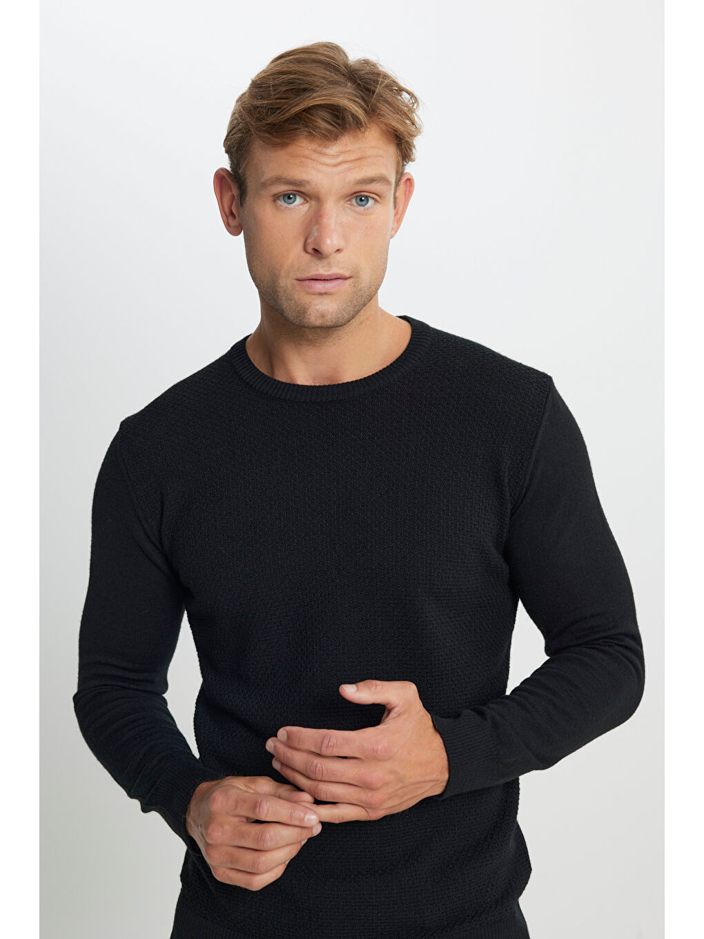 Erkek Siyah Pamuklu Standart Fit Normal Kesim Bisiklet Yaka Jakarlı Triko Kazak-3