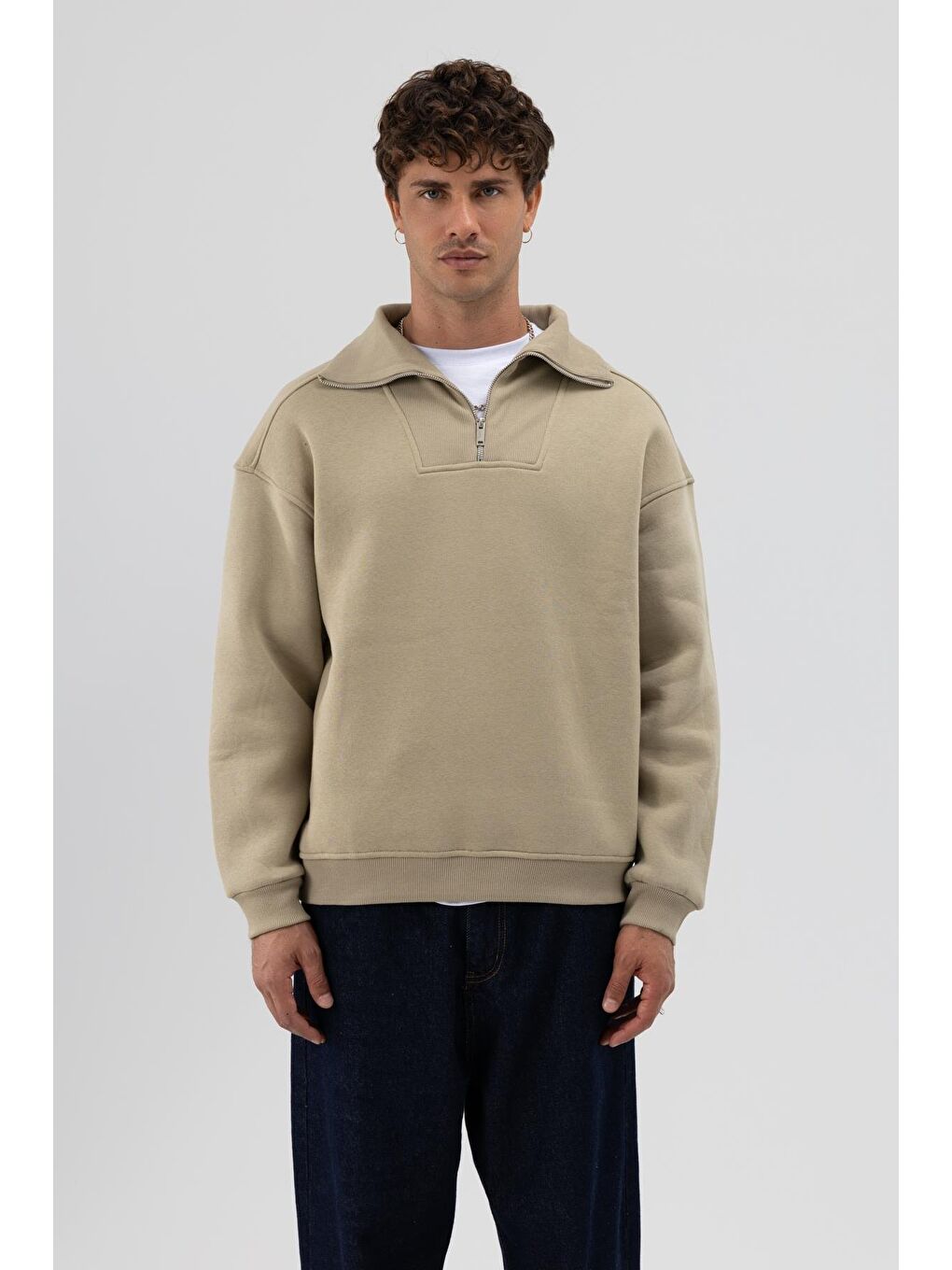 Basic Fermuarlı Dik Yaka Sweatshirt Haki