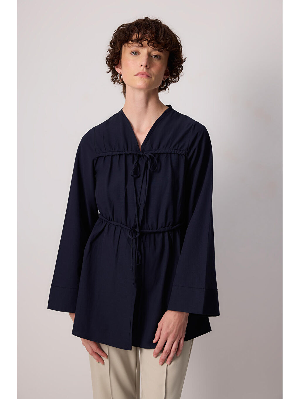 Lacivert Önü Büzgülü Poplin Kimono-1