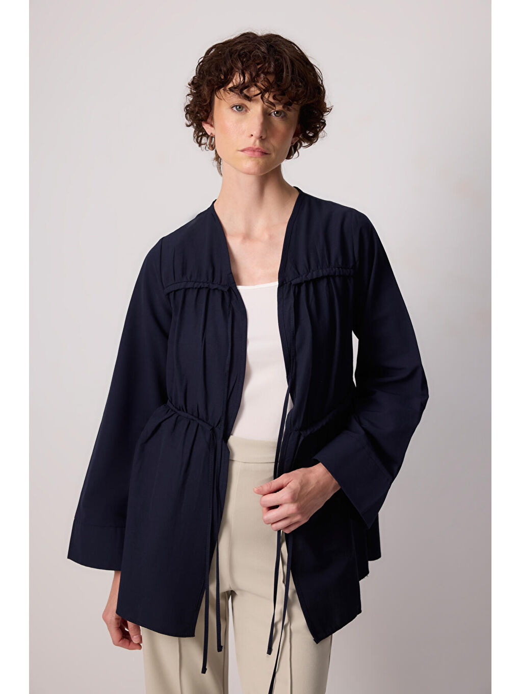 Lacivert Önü Büzgülü Poplin Kimono-2