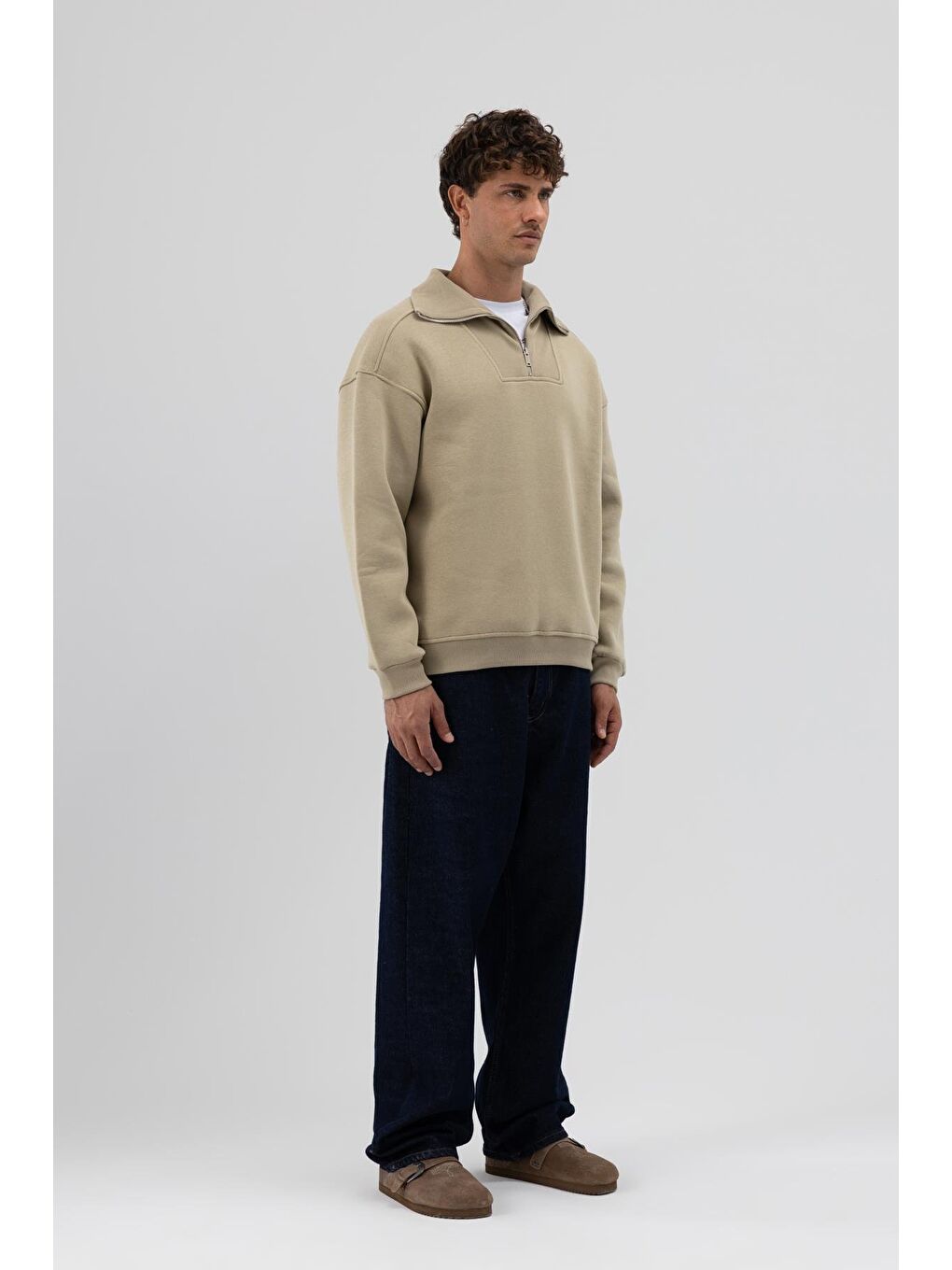 Basic Fermuarlı Dik Yaka Sweatshirt Haki-1