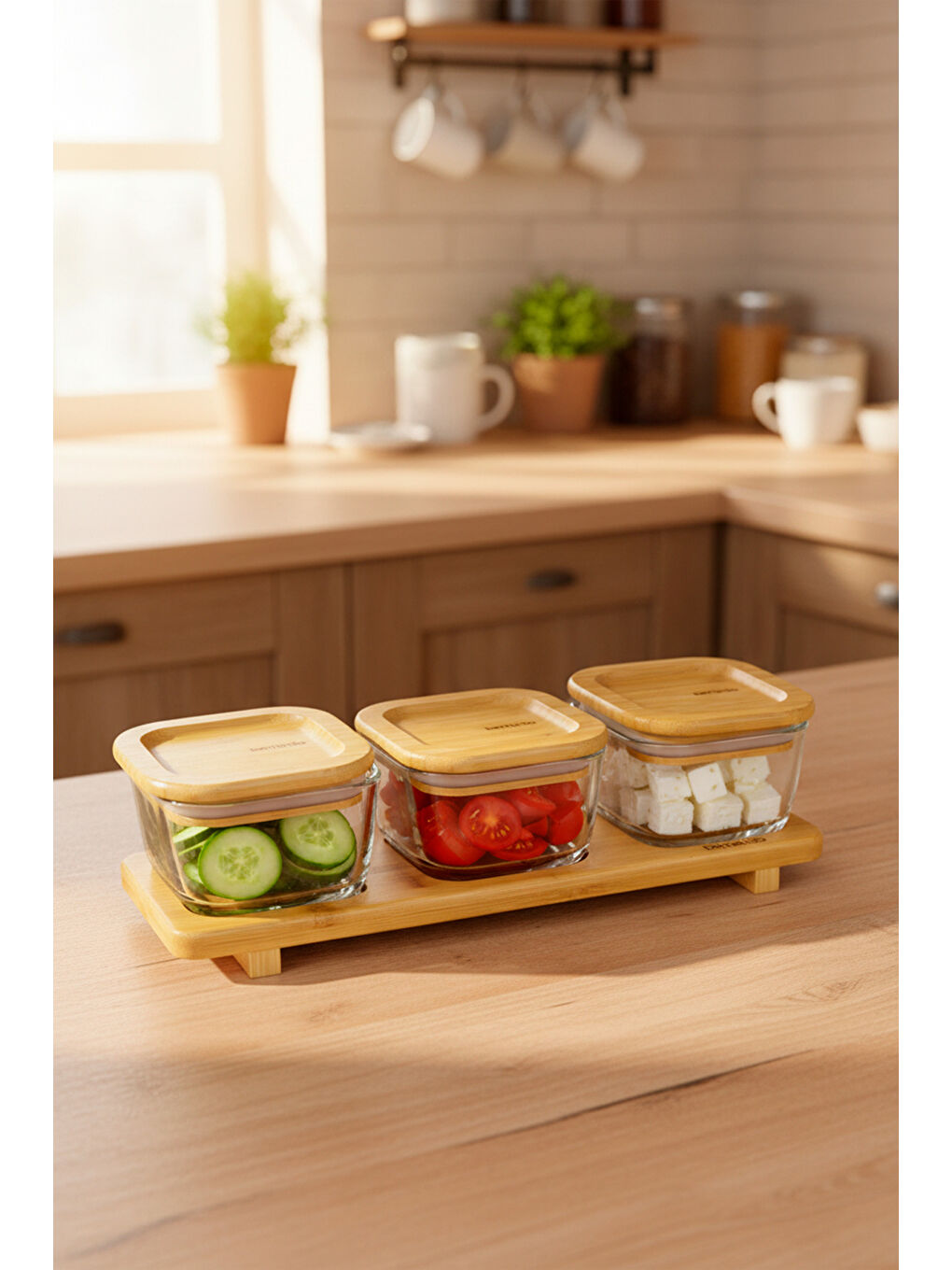 Kahverengi Lunaya 3'lü Bambu Standlı Kahvaltılık Küçük