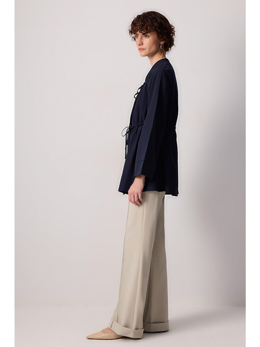 Lacivert Önü Büzgülü Poplin Kimono-3