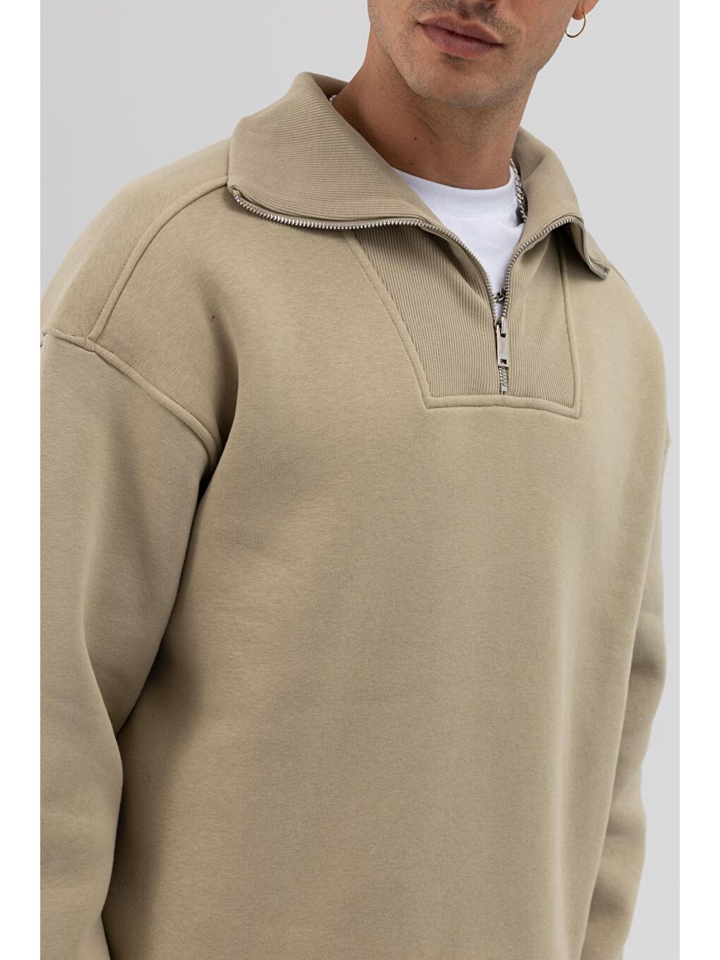 Basic Fermuarlı Dik Yaka Sweatshirt Haki-2