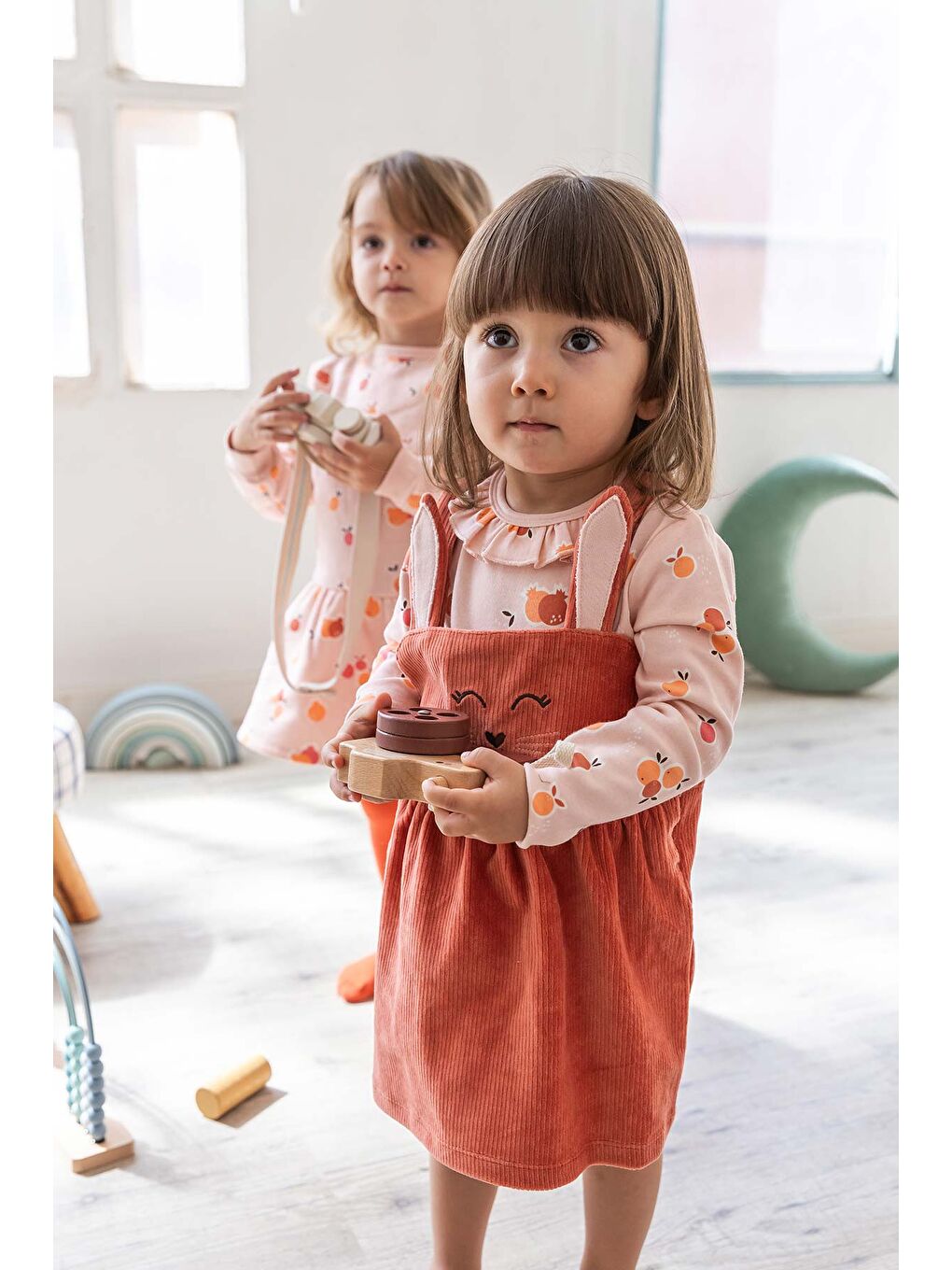 Pembe Kız Bebek Tavşan Nakışlı Elbise Set