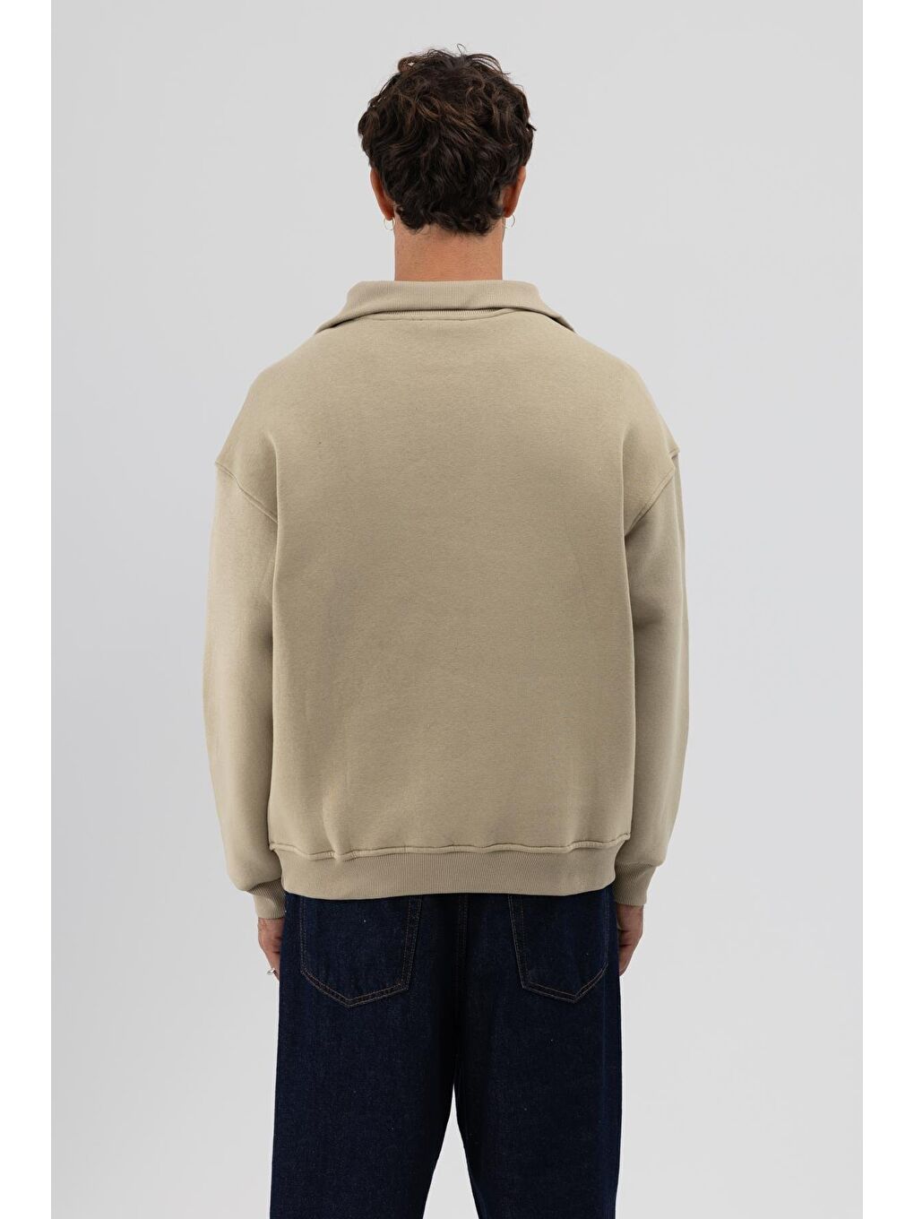 Basic Fermuarlı Dik Yaka Sweatshirt Haki-3