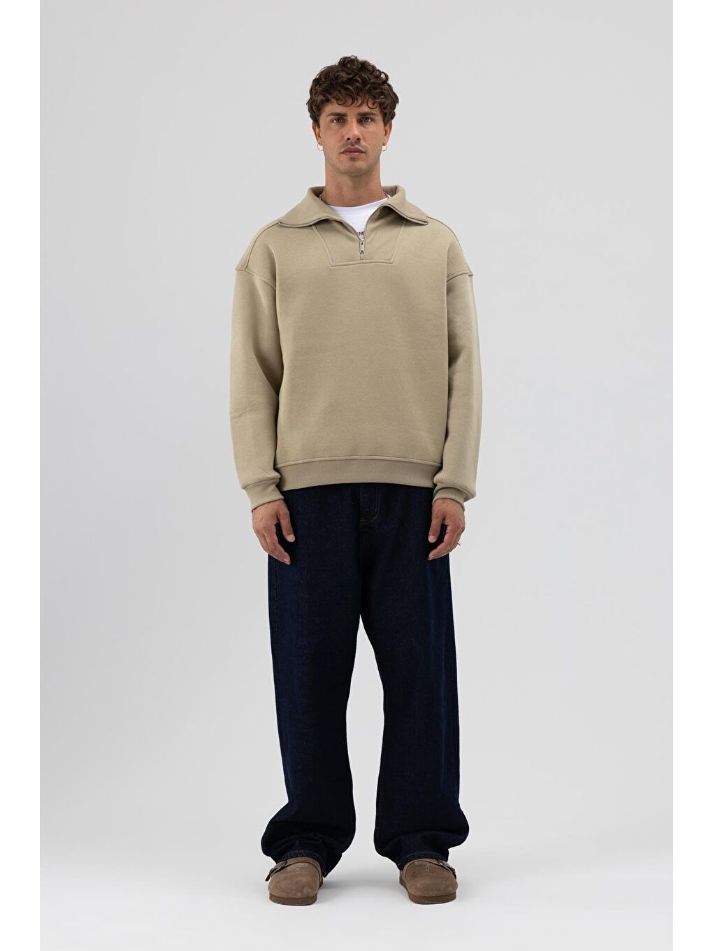 Basic Fermuarlı Dik Yaka Sweatshirt Haki-5