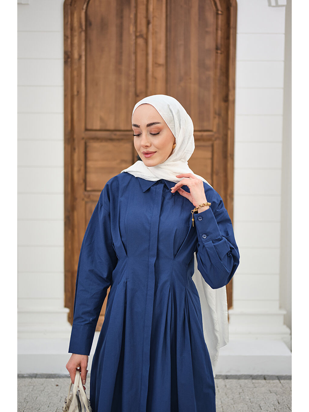 Kadın Beli Pileli Gömlek Yaka Gizli Düğmeli Elbise Lacivert-1