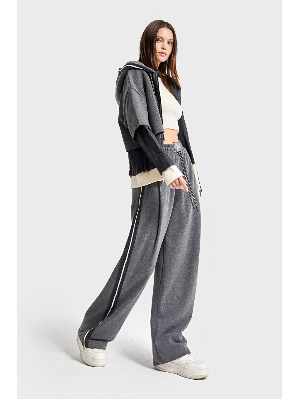 Kadın Gri Renk w5-45 Örme Kumaş Polar ve Eşofman Alt Üst 2'li Tasarım Takım-2