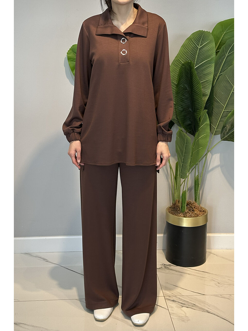 Yaka Detay Örme Modal Takım 19464 Kahverengi-1