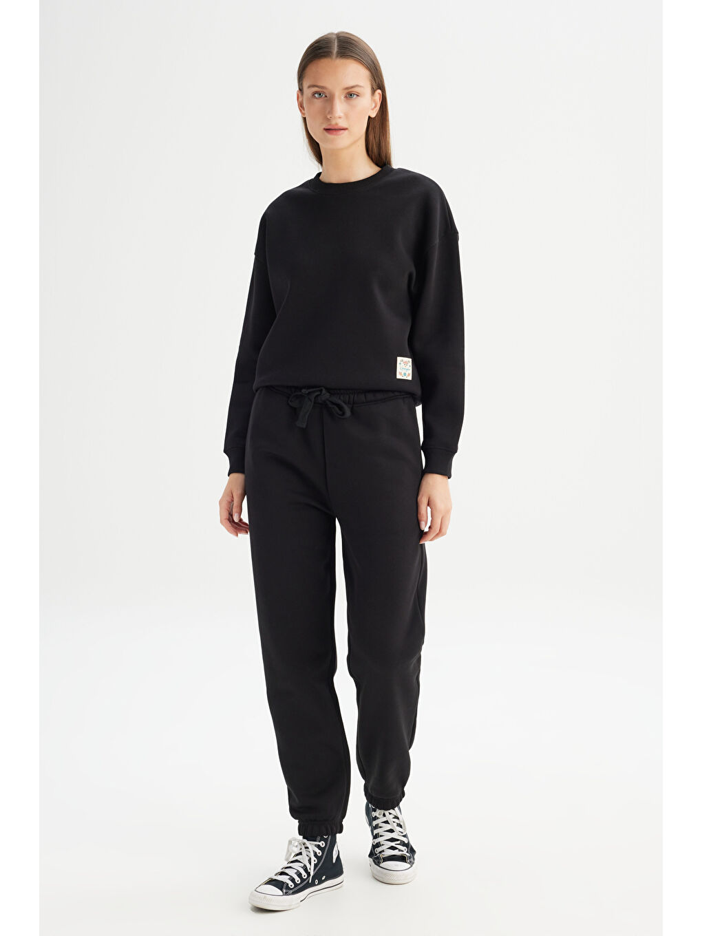 Siyah Pamuklu Regular Fit Normal Kesim Cepli Jogger Sweatpant