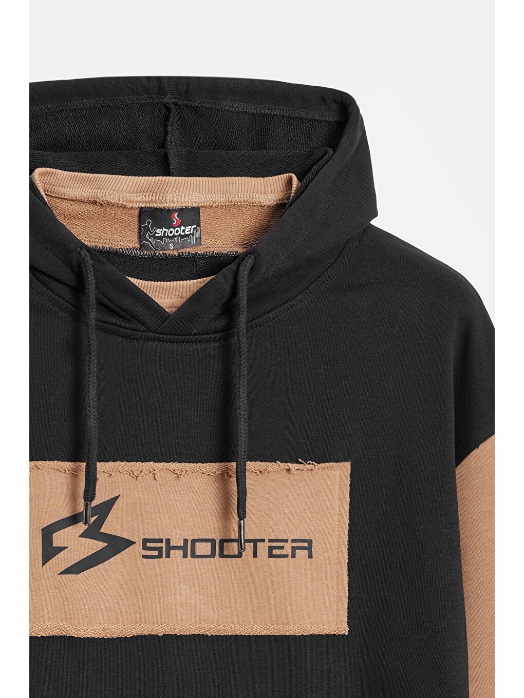Siyah - Bej Erkek Oversize Kapüşonlu Baskılı Kanguru Cepli Sweatshirt-1
