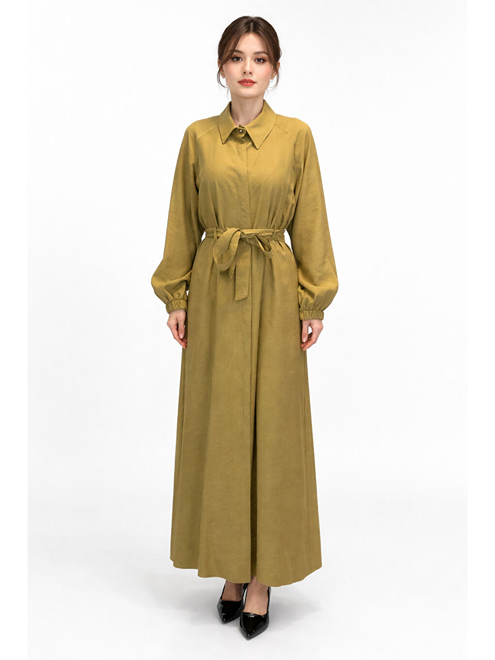 Düğmeli Modal Elbise 13249 Yeşil