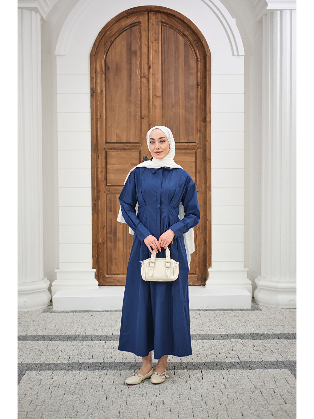 Kadın Beli Pileli Gömlek Yaka Gizli Düğmeli Elbise Lacivert-2