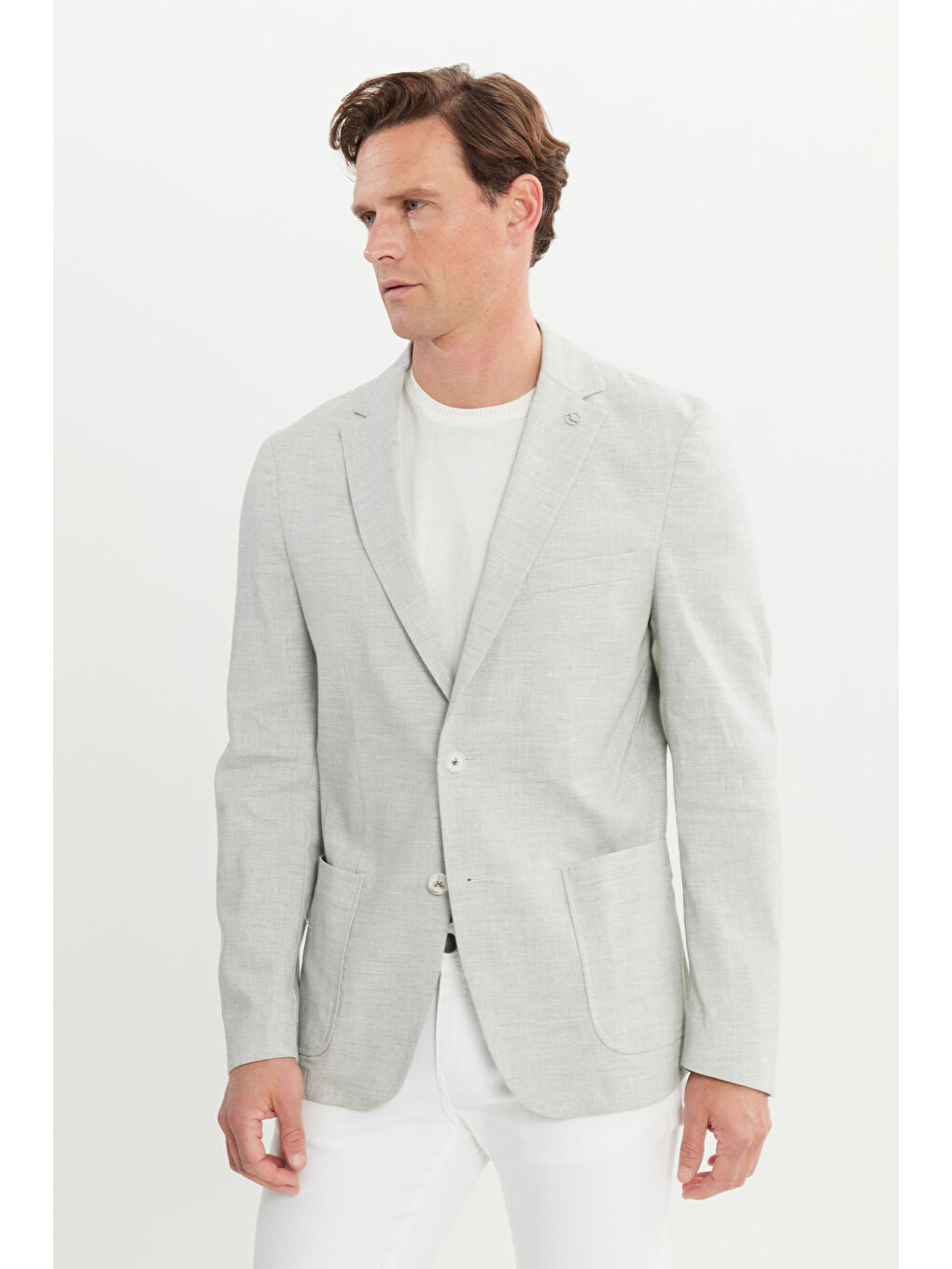 Erkek Gri Keten Slim Fit Dar Kesim Mono Yaka Cepli Desenli Magic Ceket