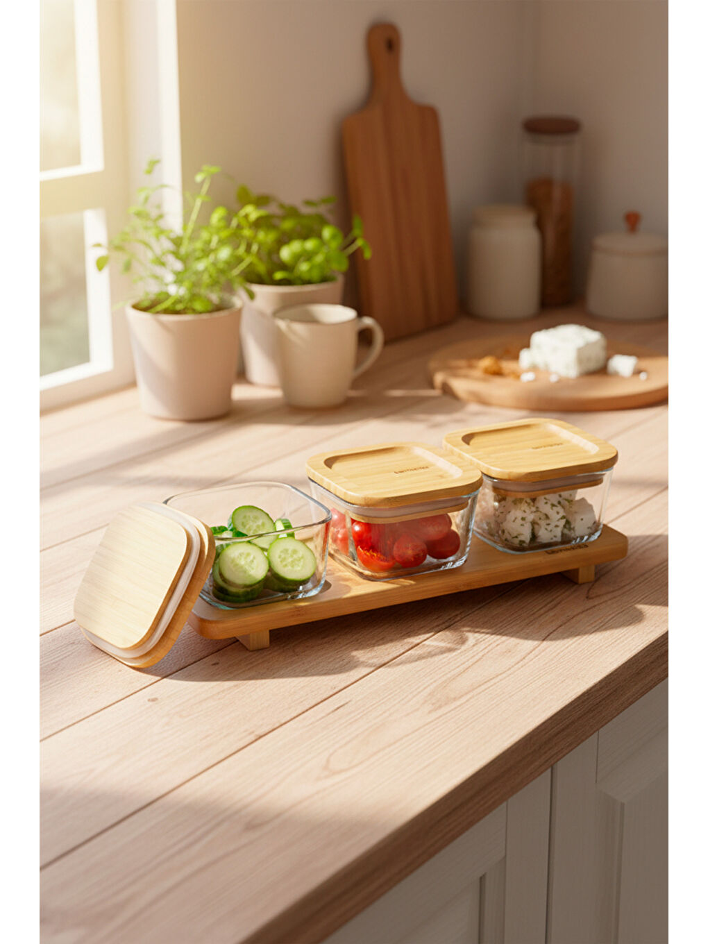 Kahverengi Lunaya 3'lü Bambu Standlı Kahvaltılık Küçük-1