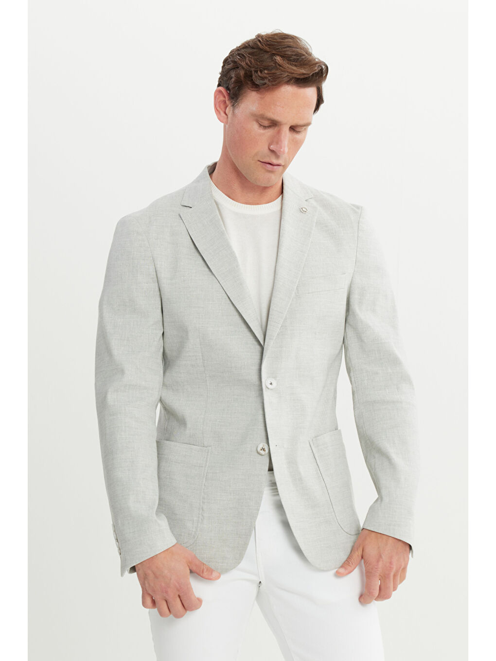 Erkek Gri Keten Slim Fit Dar Kesim Mono Yaka Cepli Desenli Magic Ceket-2