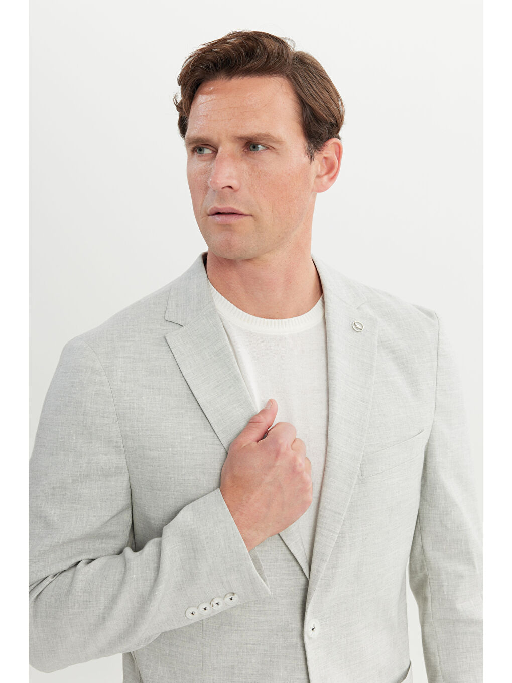 Erkek Gri Keten Slim Fit Dar Kesim Mono Yaka Cepli Desenli Magic Ceket-3