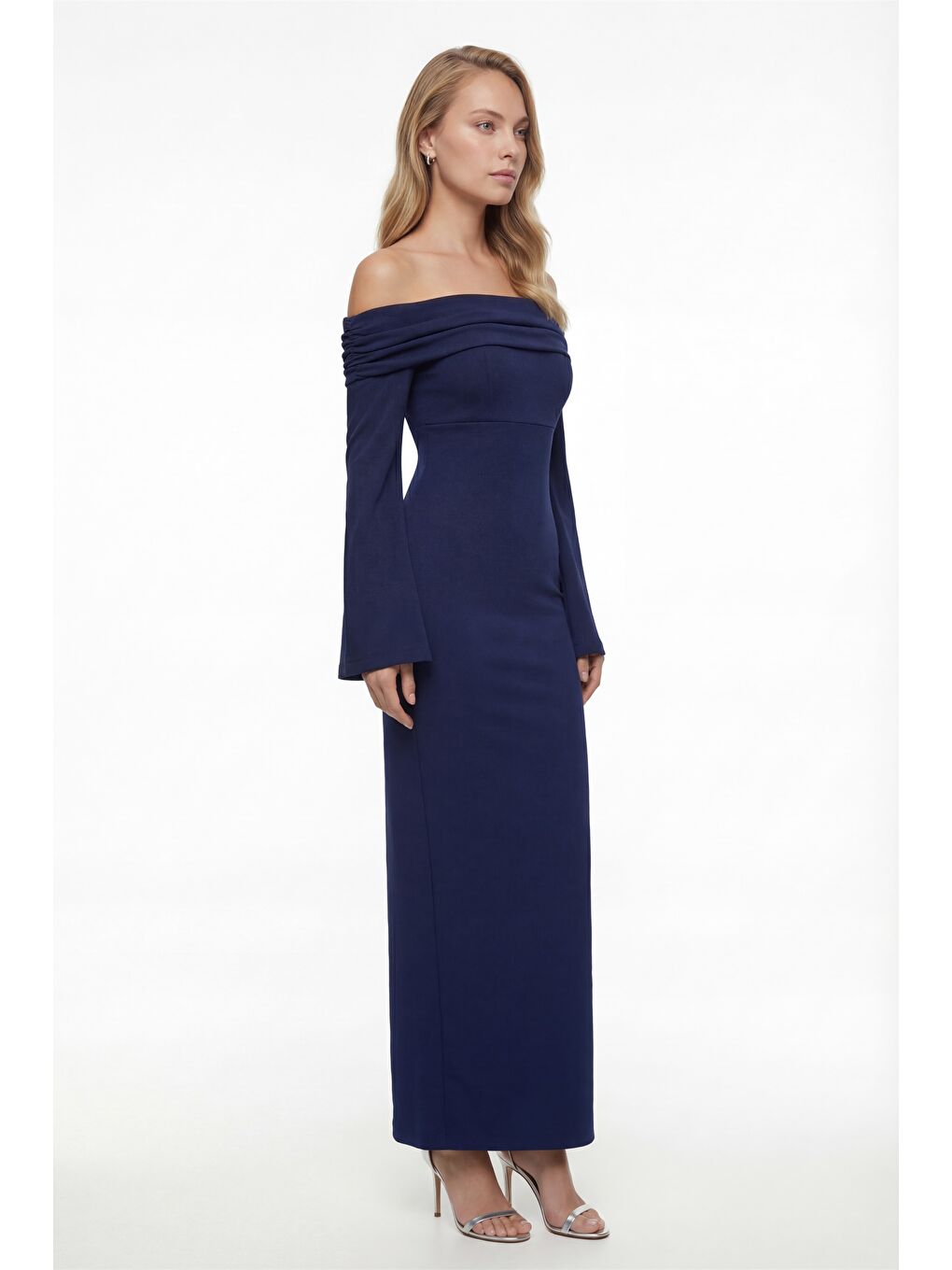 Kadın Lacivert Carmen Yaka Gece Abiye Elbise-2