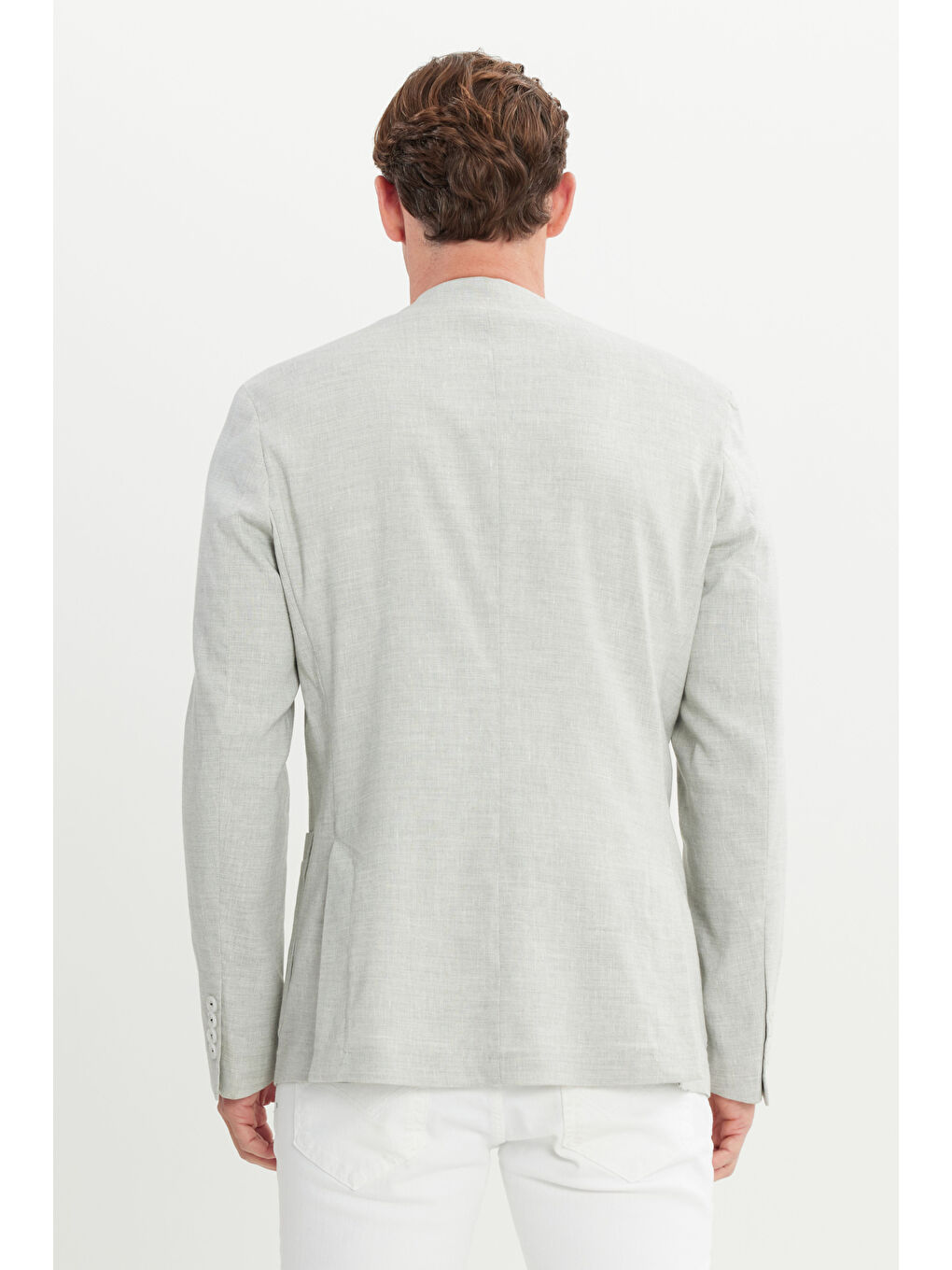 Erkek Gri Keten Slim Fit Dar Kesim Mono Yaka Cepli Desenli Magic Ceket-4