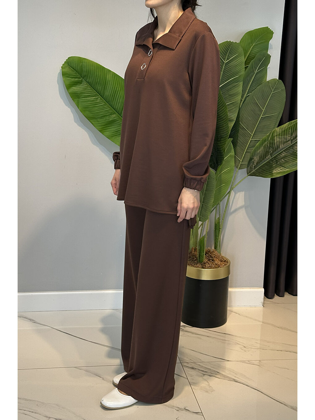 Yaka Detay Örme Modal Takım 19464 Kahverengi-2