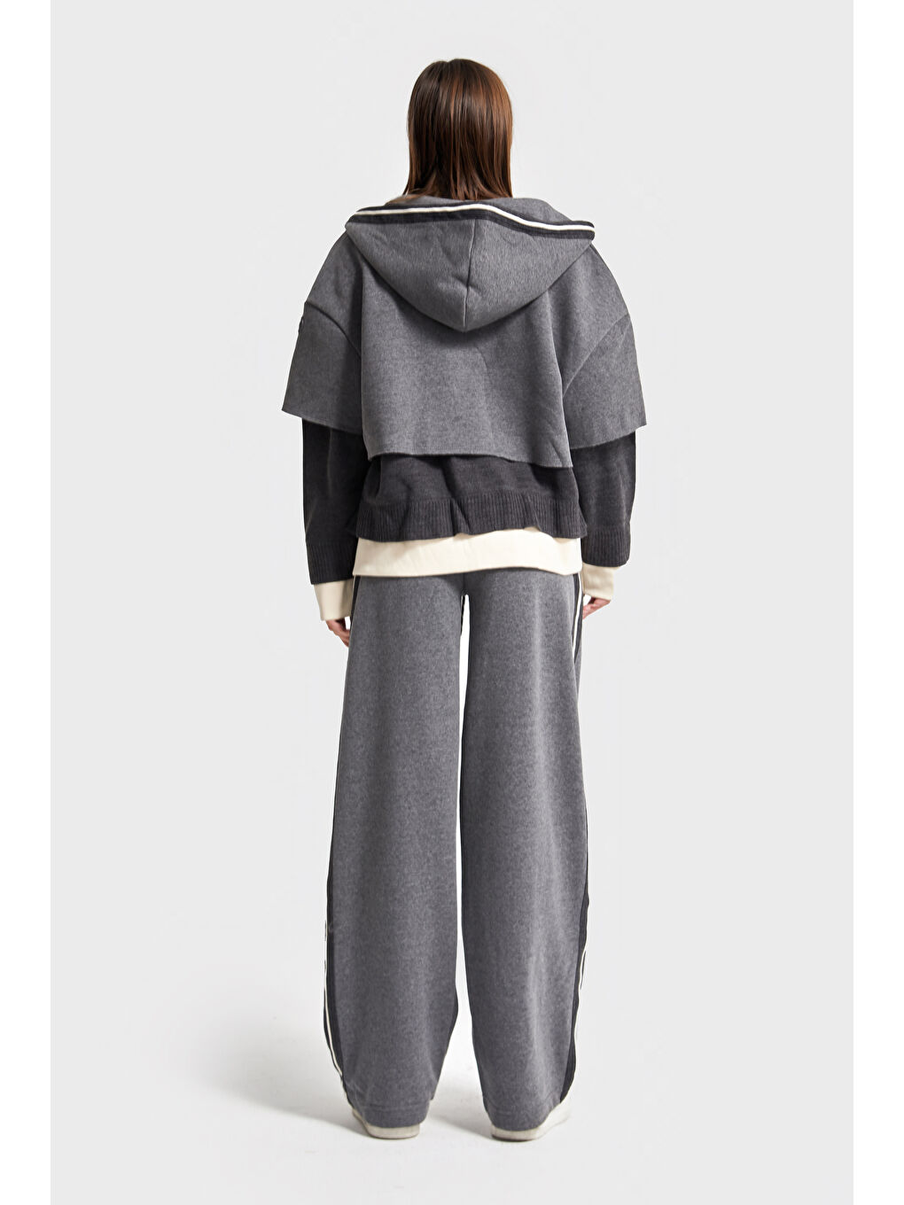 Kadın Gri Renk w5-45 Örme Kumaş Polar ve Eşofman Alt Üst 2'li Tasarım Takım-4