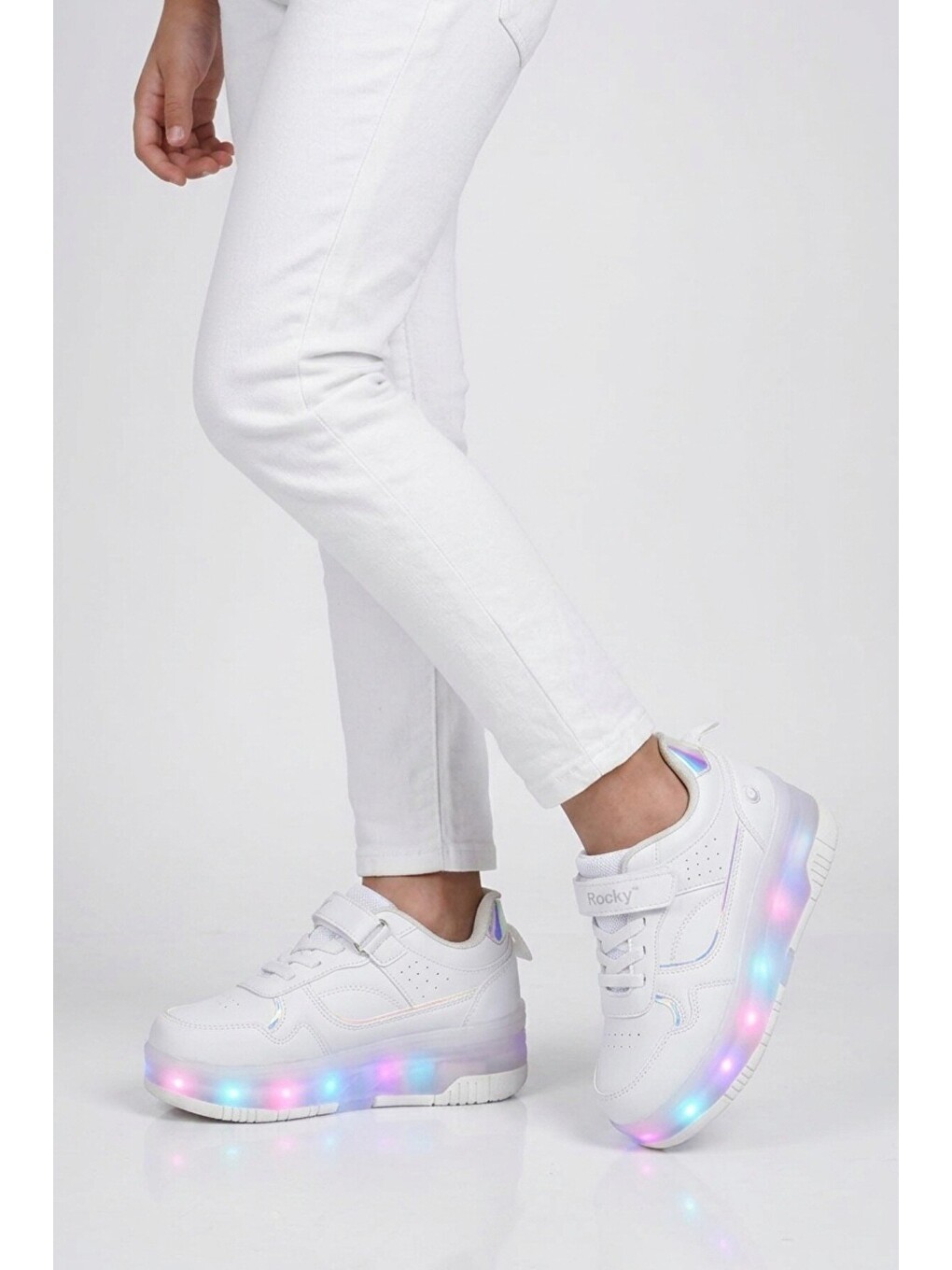 Beyaz Cırtlı Ortopedik Işıklı Unisex Çocuk Patenli Spor Ayakkabı Glow F-1