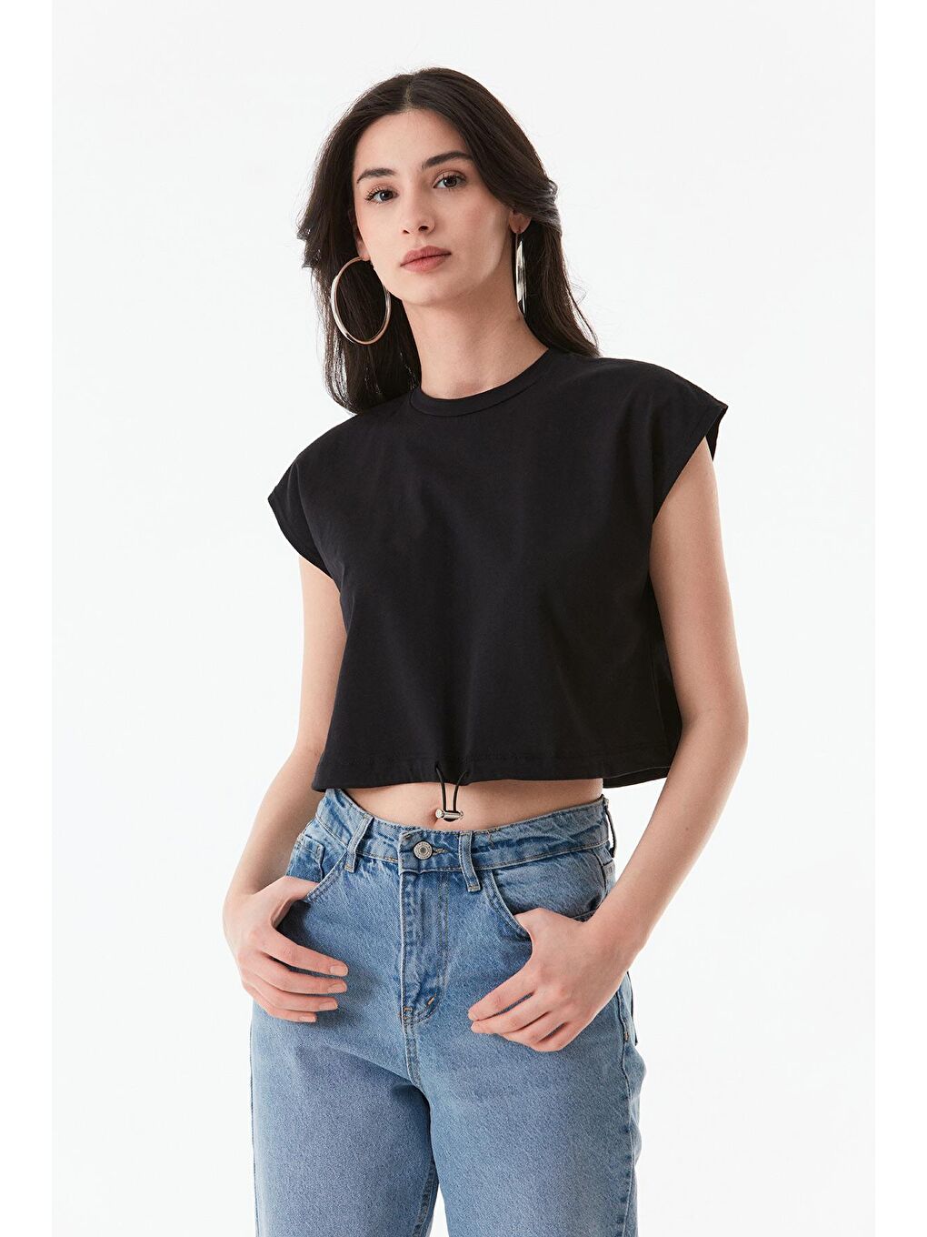 Siyah Basic Bisiklet Yaka Stoperli Crop Tişört