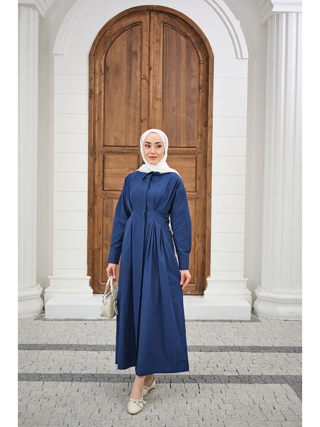 Kadın Beli Pileli Gömlek Yaka Gizli Düğmeli Elbise Lacivert-3