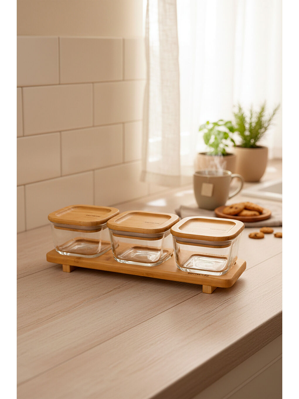 Kahverengi Lunaya 3'lü Bambu Standlı Kahvaltılık Küçük-2