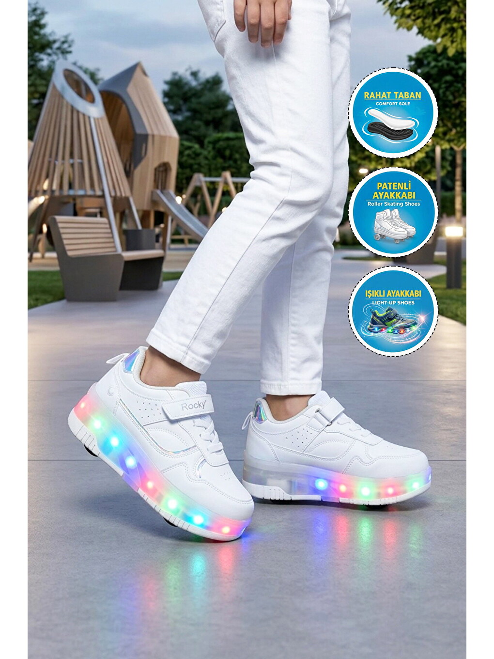Beyaz Cırtlı Ortopedik Işıklı Unisex Çocuk Patenli Spor Ayakkabı Glow F-2