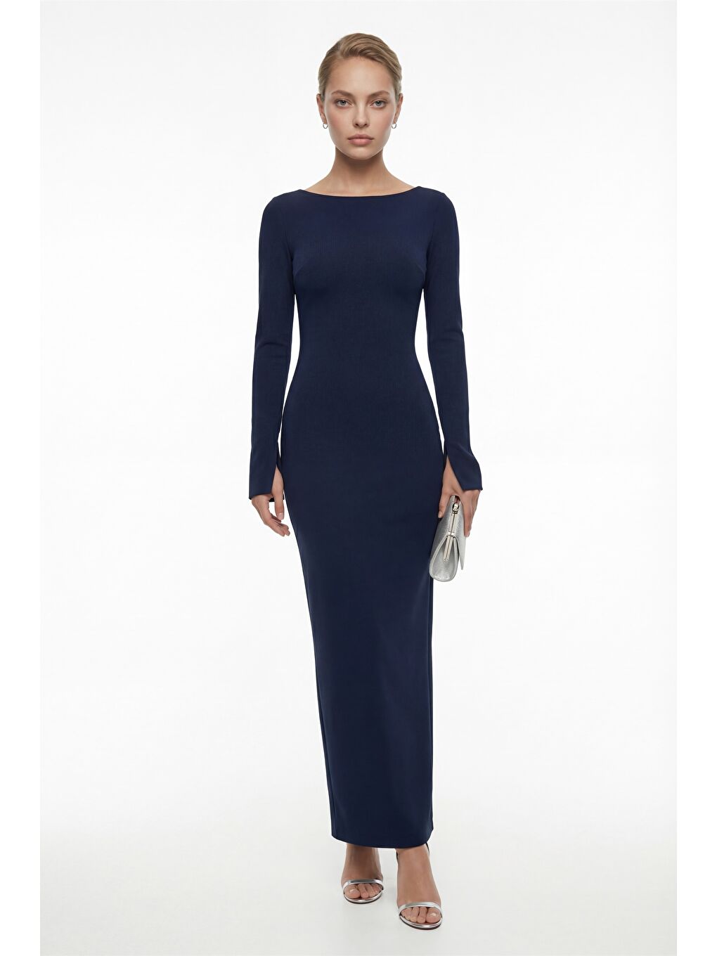 Kadın Lacivert Sırt Detaylı Maxi Abiye Elbise