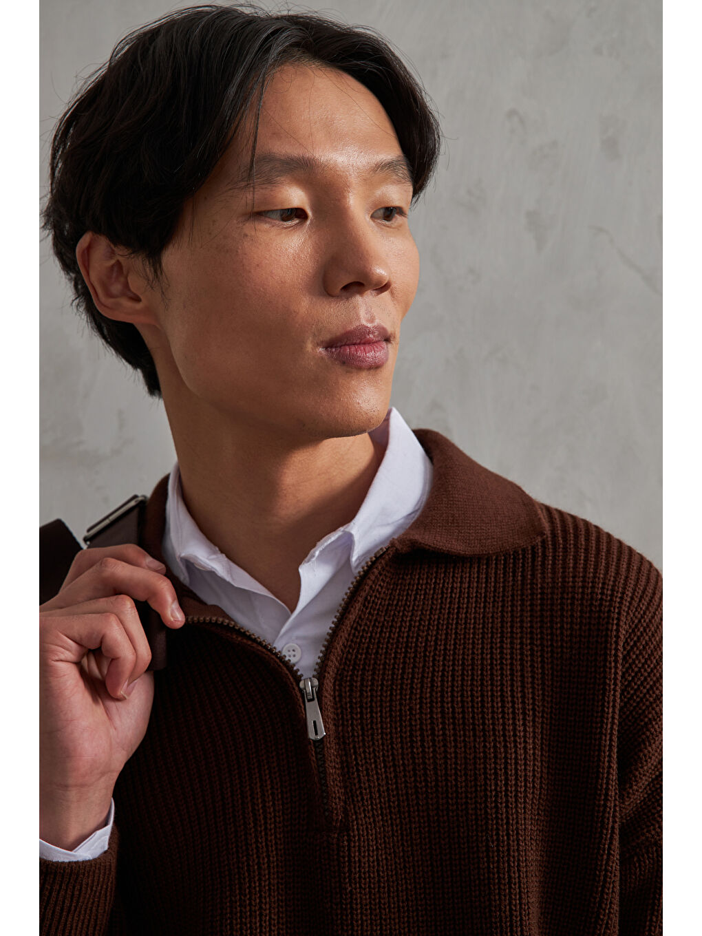 Kahverengi Erkek Yakası Fermuarlı Oversize Kazak-4