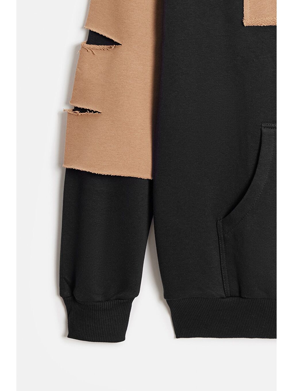 Siyah - Bej Erkek Oversize Kapüşonlu Baskılı Kanguru Cepli Sweatshirt-2