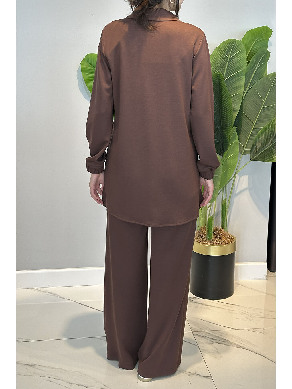 Yaka Detay Örme Modal Takım 19464 Kahverengi-3