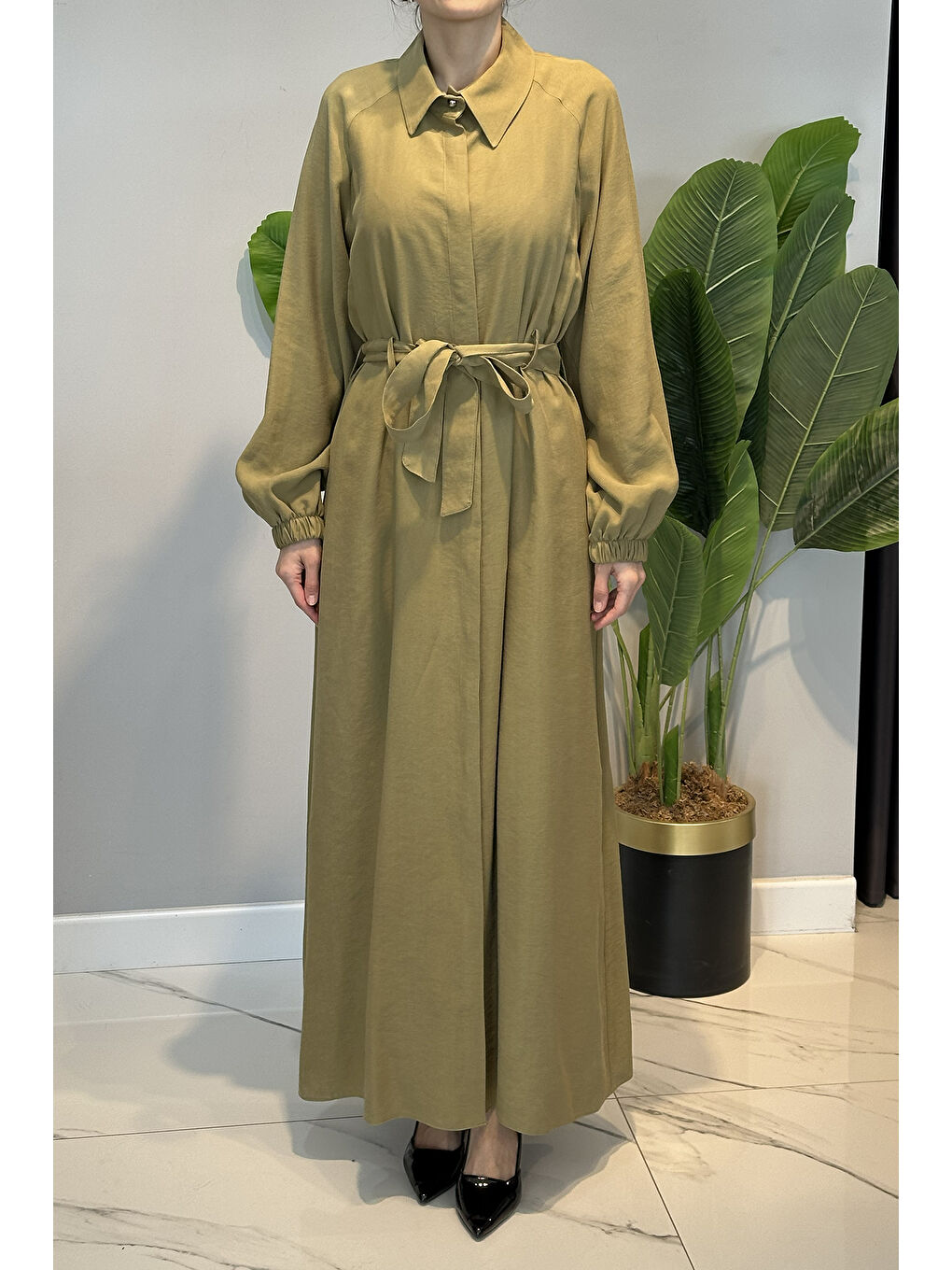 Düğmeli Modal Elbise 13249 Yeşil-1