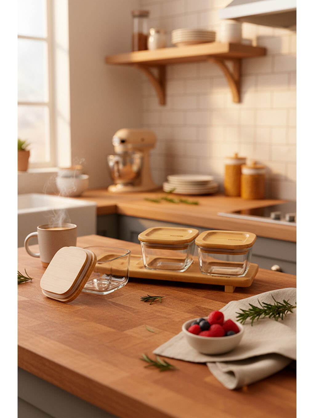 Kahverengi Lunaya 3'lü Bambu Standlı Kahvaltılık Küçük-3