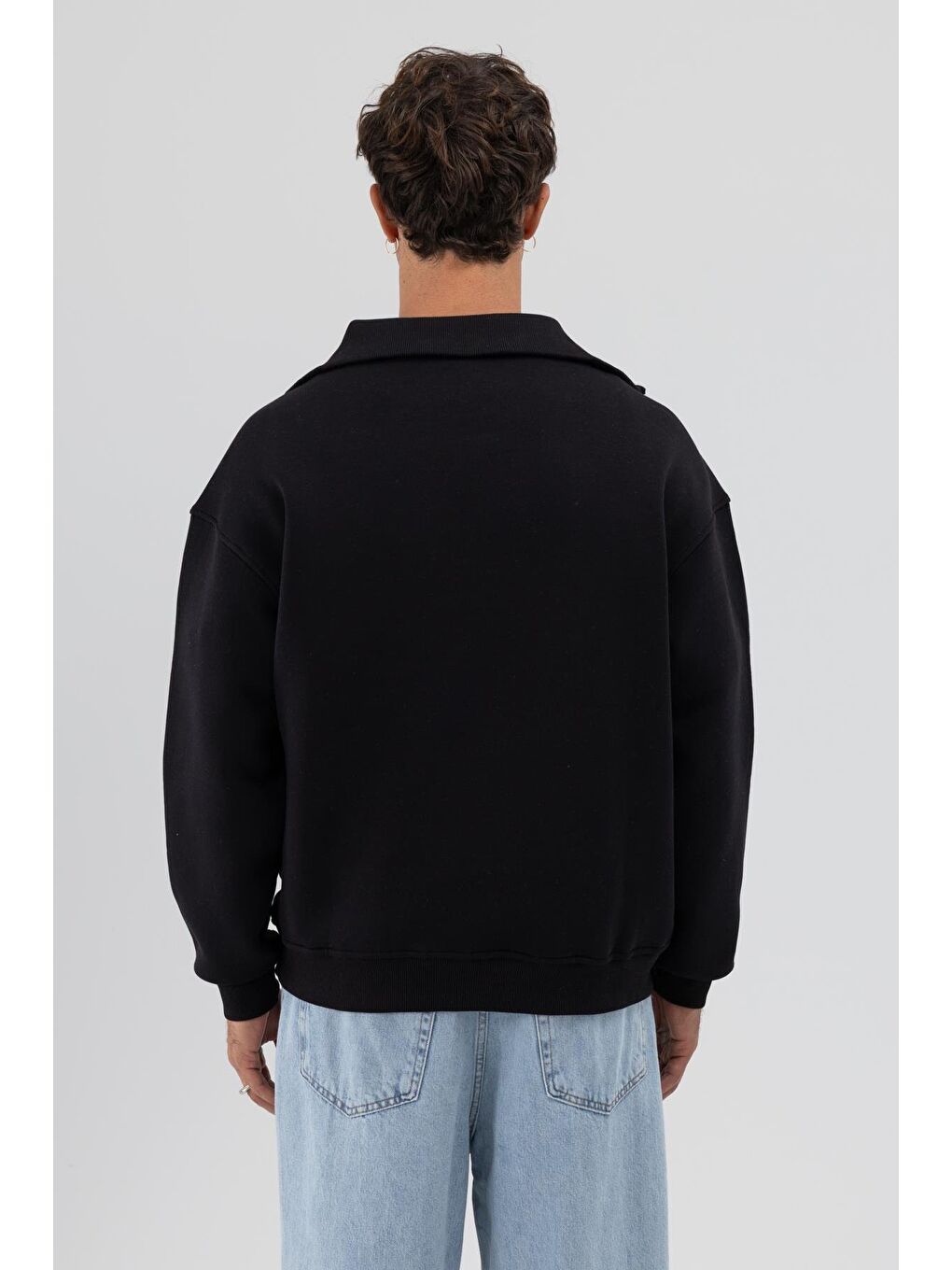 Basic Fermuarlı Dik Yaka Sweatshirt Siyah-3