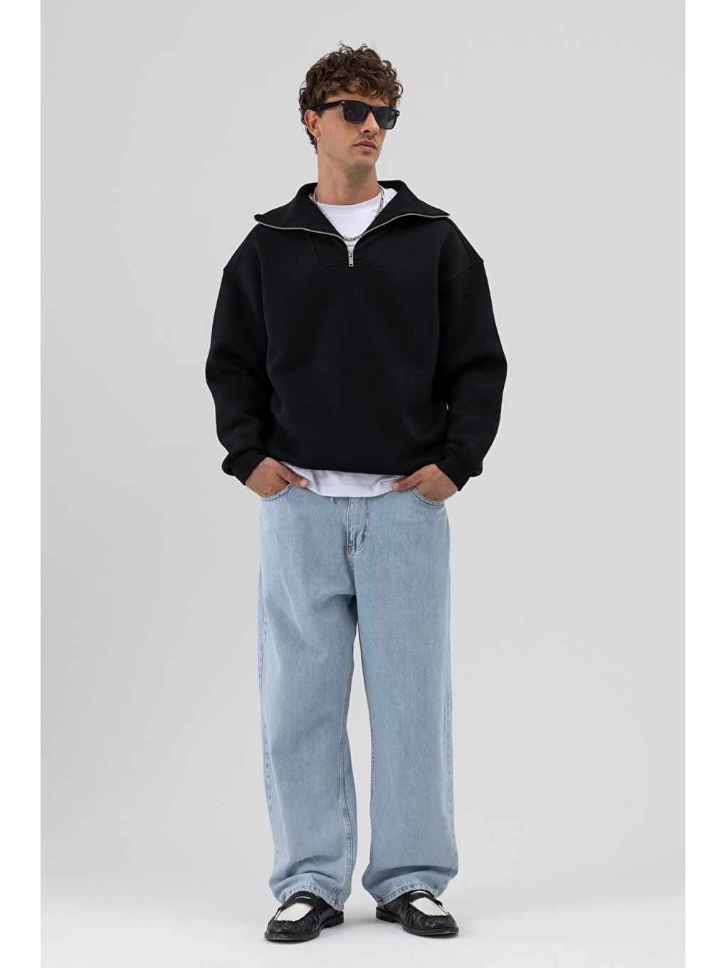 Basic Fermuarlı Dik Yaka Sweatshirt Siyah-4