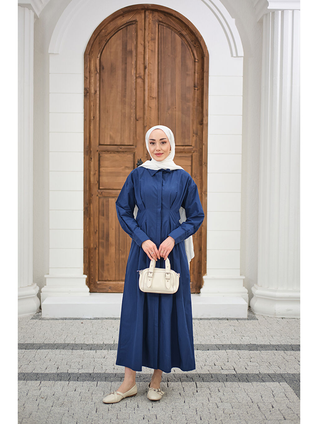 Kadın Beli Pileli Gömlek Yaka Gizli Düğmeli Elbise Lacivert-4