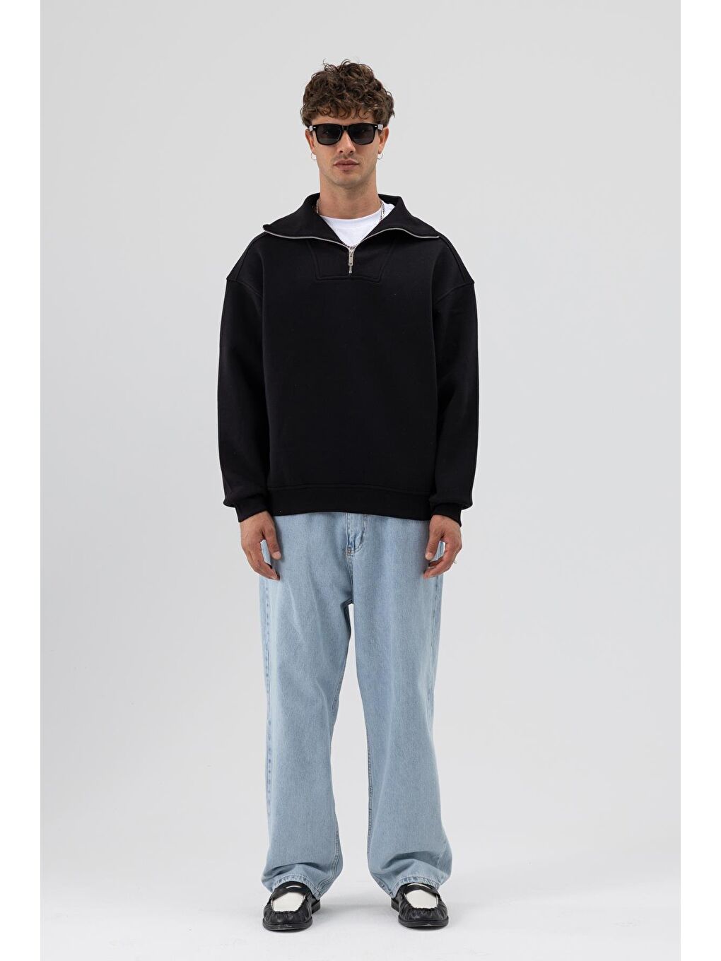 Basic Fermuarlı Dik Yaka Sweatshirt Siyah-5