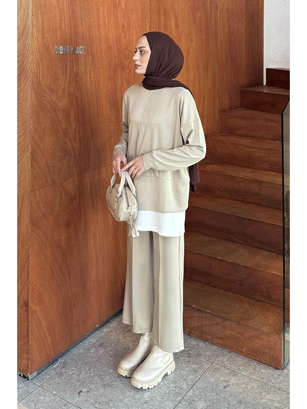 Fermuarlı Garnili Takım Bej-1