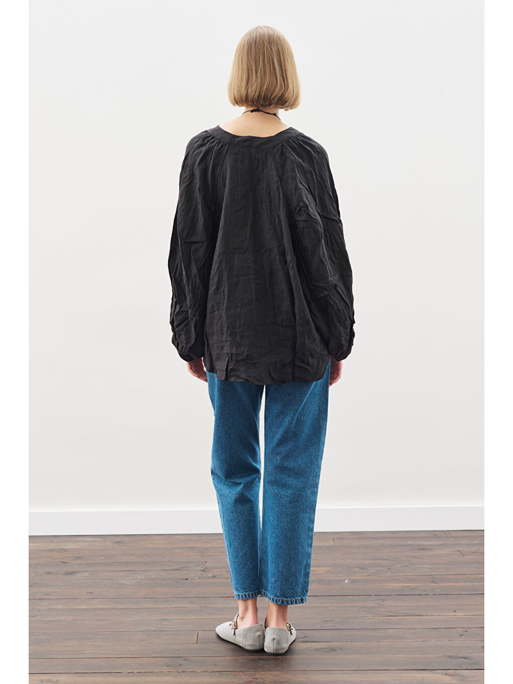 Keten Crush Düğmeli Bluz Siyah-5