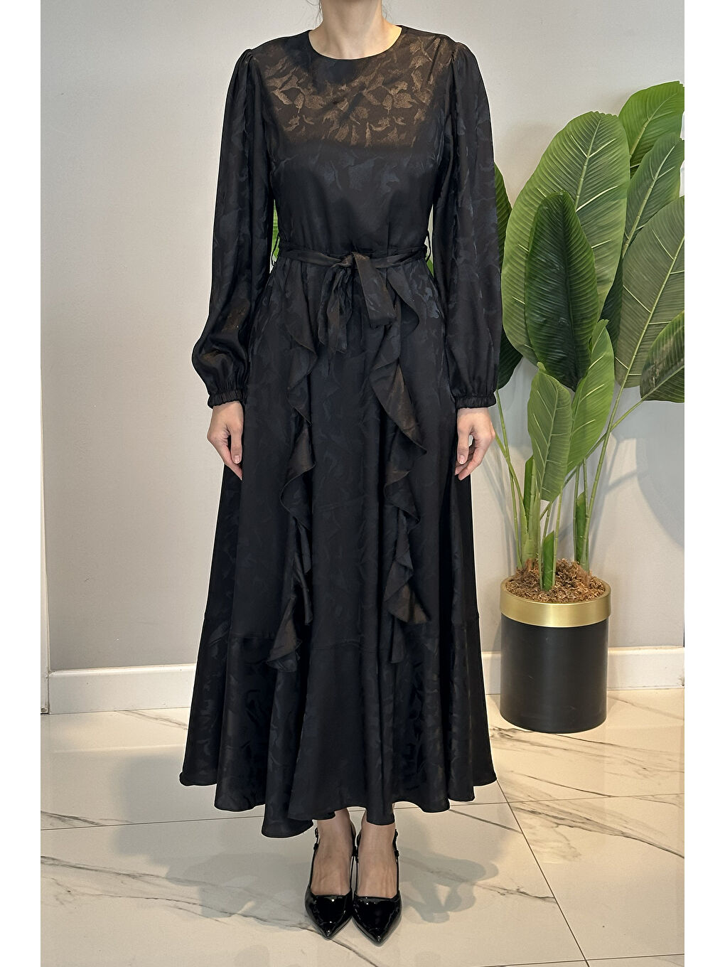 Desenli Jakar Detay Saten Elbise 13255 Siyah-1