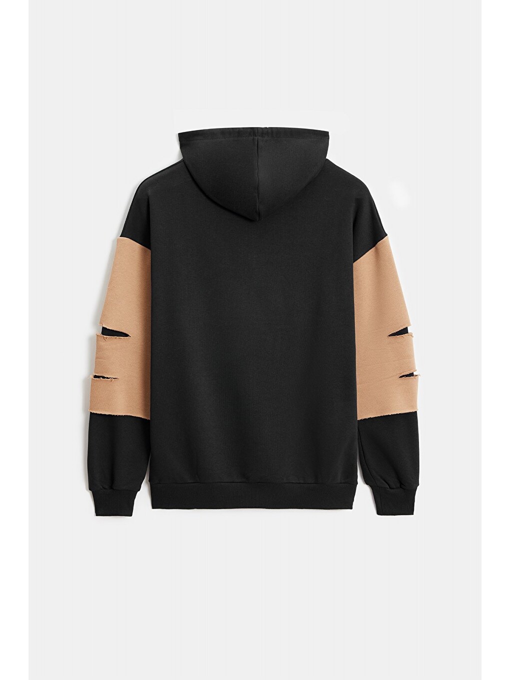 Siyah - Bej Erkek Oversize Kapüşonlu Baskılı Kanguru Cepli Sweatshirt-3